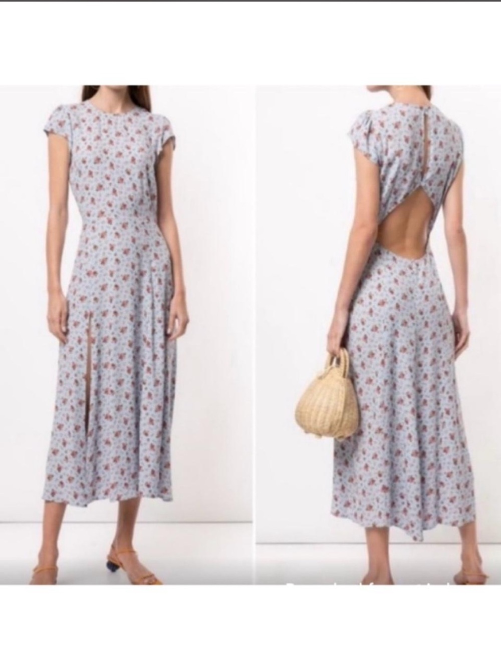 Reformation Blue Floral Open-Back Midi Dress
